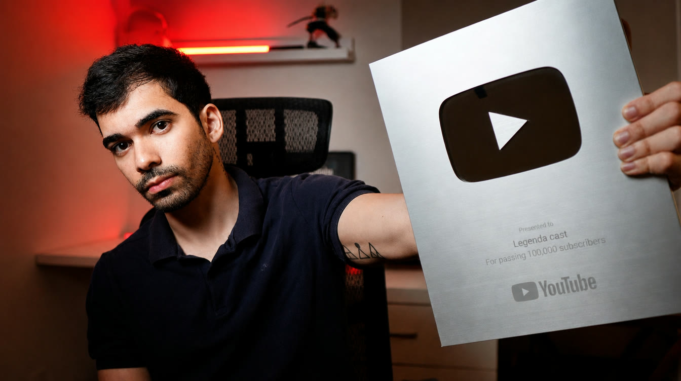 Lucas Duarte holding a YouTube Silver Play Button award for passing 100,000 subscribers